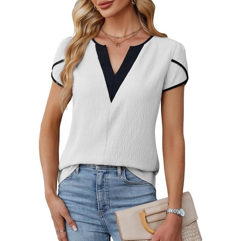 

Summer Fashion Color-block V-neck Top Petal-style Short-sleeved Women s Blouses & Shirts S білий