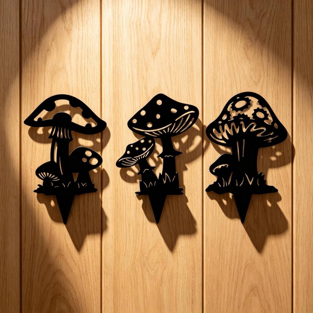 Mushrooms Ground Insert Black Metal Silhouette Sign Flat Garden Stakes for Gardeners,