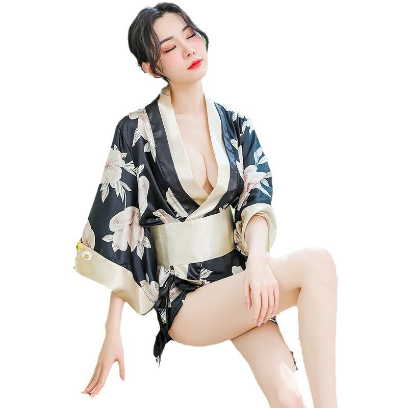 Printed Big Bow Kimono Bathrobe Pajamas Seduction Sexy Lingerie Cosplay Uniform Suit