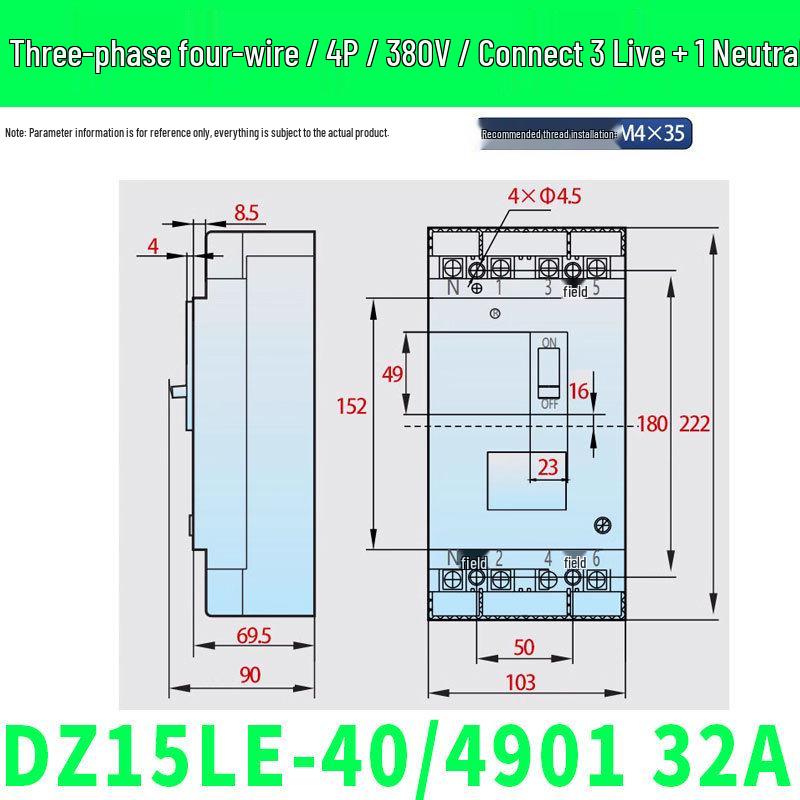 Chint DZ15LE-4901 Circuit Breaker with Leakage Protection, 2P/3P/4P, Plastic Shell, 63A/100A