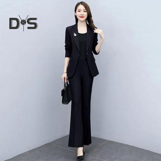 2 Pcs/Set Lady Formal Coat Pants Set Turn-down Collar Long Sleeves Suit Jacket Slim Fit Pure Color Flared Trousers Daily Wear Commuting Outfit Office