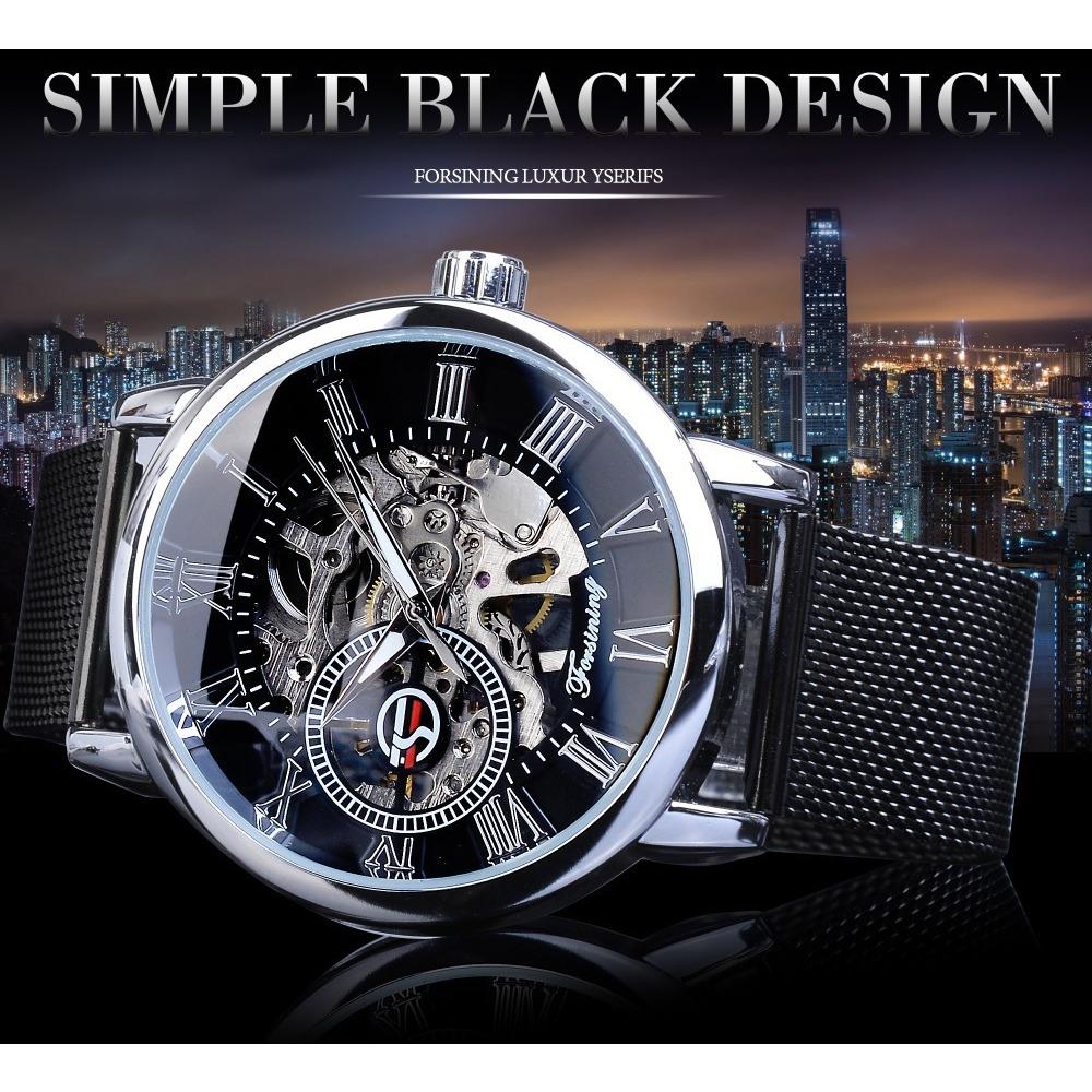 Forsining Watch Men's Fashion Casual Roman Digital Mesh with Hollow Automatic Mechanical Watch GMT1040-8-A