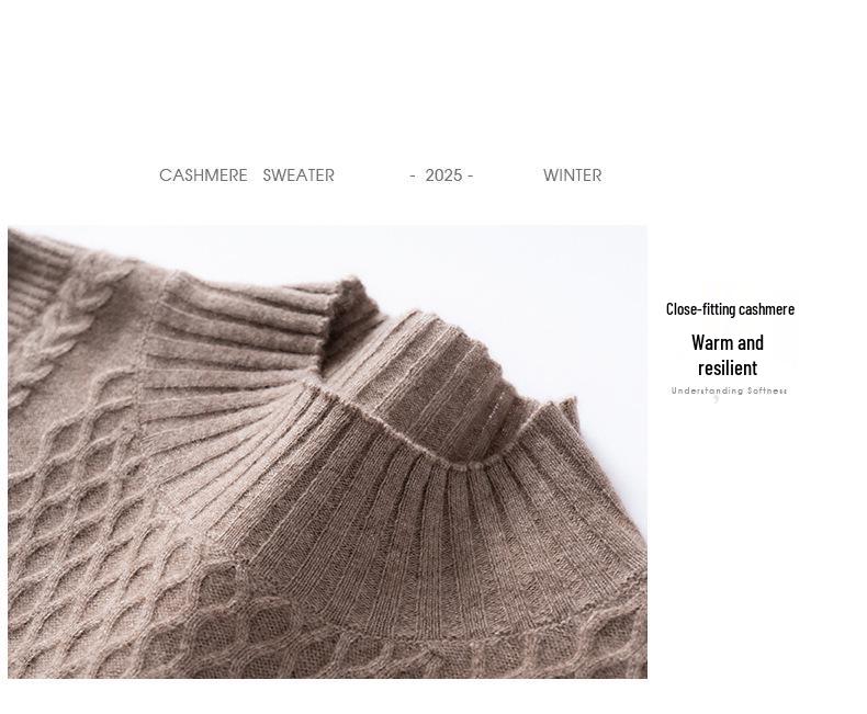 Women's Cashmere Cable Knit Sweater: Warm, Thickened Pullover with Half-High Neck for Autumn & Winter