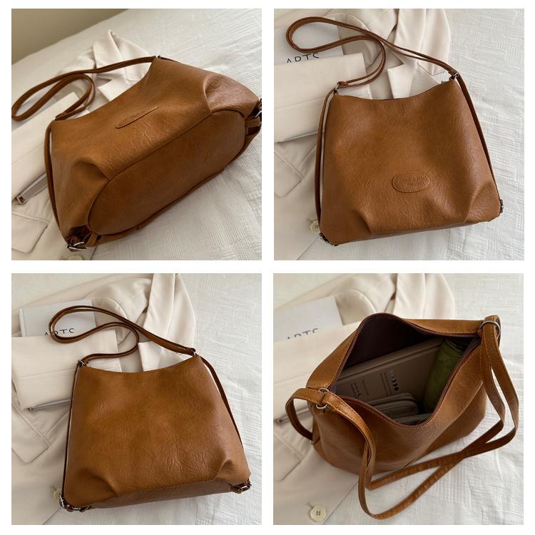 Large Capacity Vintage Style Faux Leather Bucket Bag Simple Solid Color Commuter Shoulder Crossbody Bag