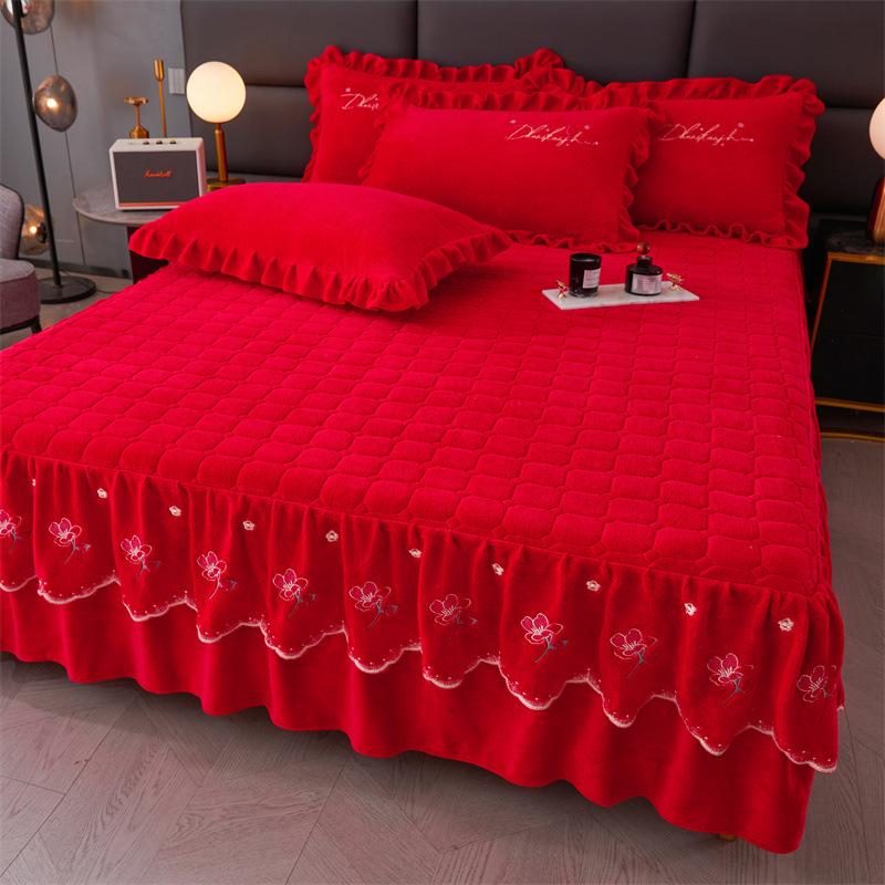 Jupe de lit en Fiber de lait d'hiver, couvre-lit matelassé en dentelle, épais et chaud, couverture de matelas en polaire pour bébé, literie en molleton de corail