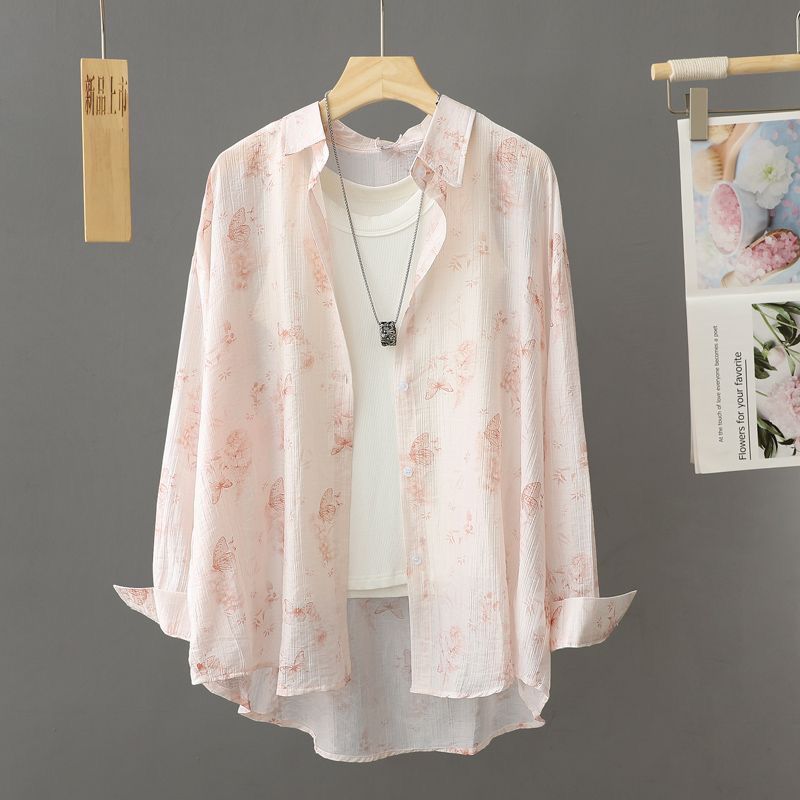 Korean Style Long Sleeve Printed Chiffon Outerwear Summer Breathable Sun Protection Thin Loose Versatile Top Women's Shirt