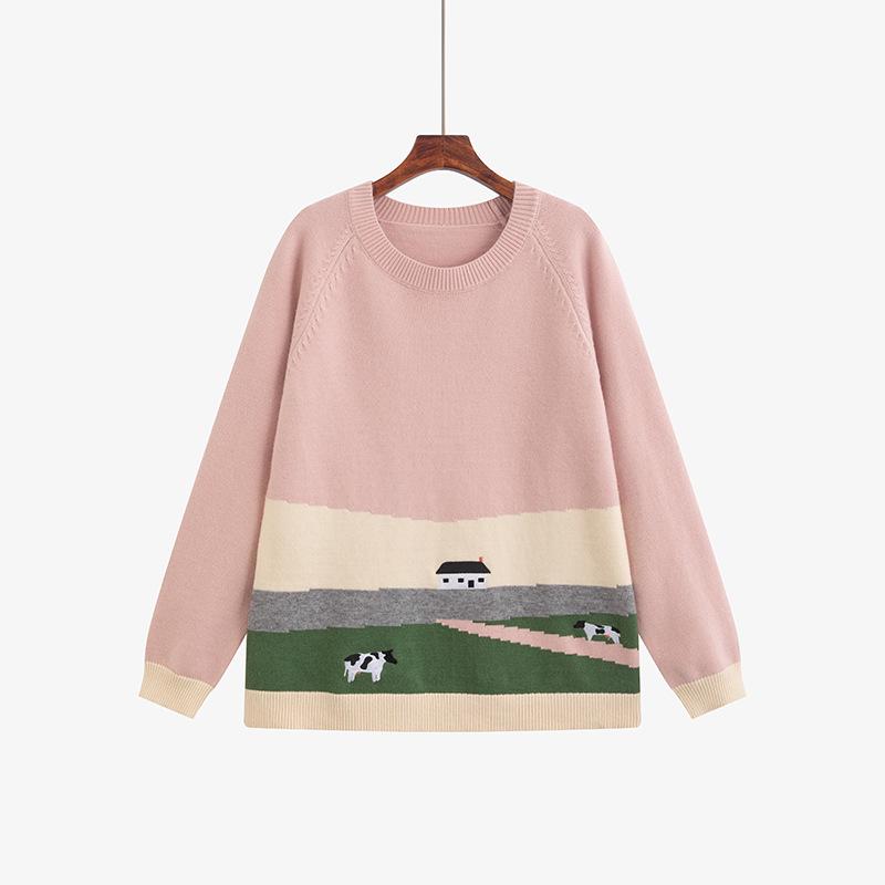 

Plus Size Women s Color Block Jacquard Embroidered Sweater - Winter 2025 Loose Fit Knitwear for Fuller Figures XL (60-75 kg) розовый