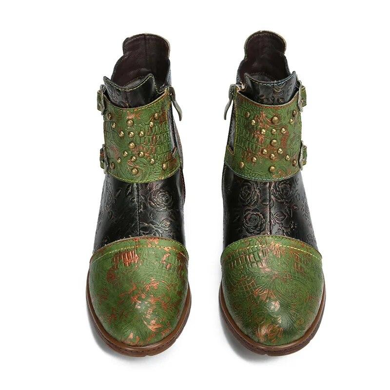 Johnature Buty damskie w stylu vintage, nitowane, ręcznie robione, z prawdziwej skóry, w stylu etnicznym, z klamrą do paska, z wytłoczonymi krótkimi butami