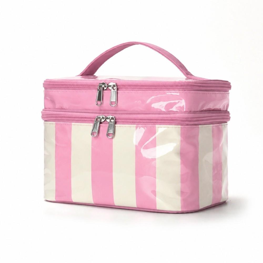 Wiederverwendbare Doppellagige Kosmetiktasche Glänzendes PVC Make-up-Organizer Gestreift Wasserdichte Kulturtasche Damen