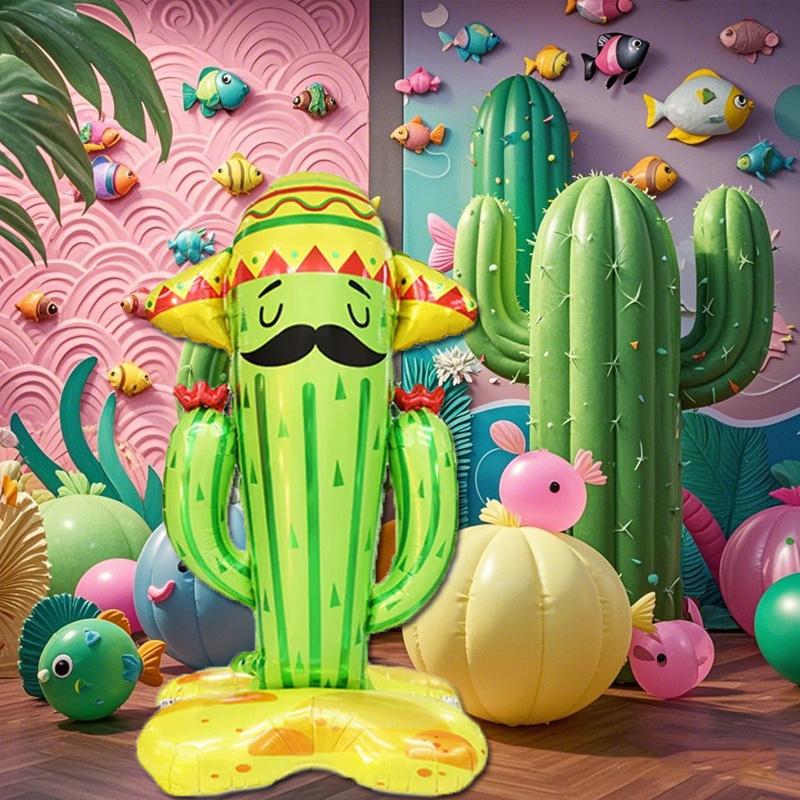 1Pcs 62inch Cactus Foil Balloons with Sombreros Vibrant Green Red Self-Sealing for Garden Beach Festive Party Decorations