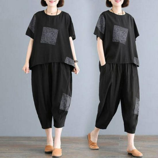 2025 Casual Plus-Size Summer Two-Piece Set: Loose Short-Sleeved Top & Trousers