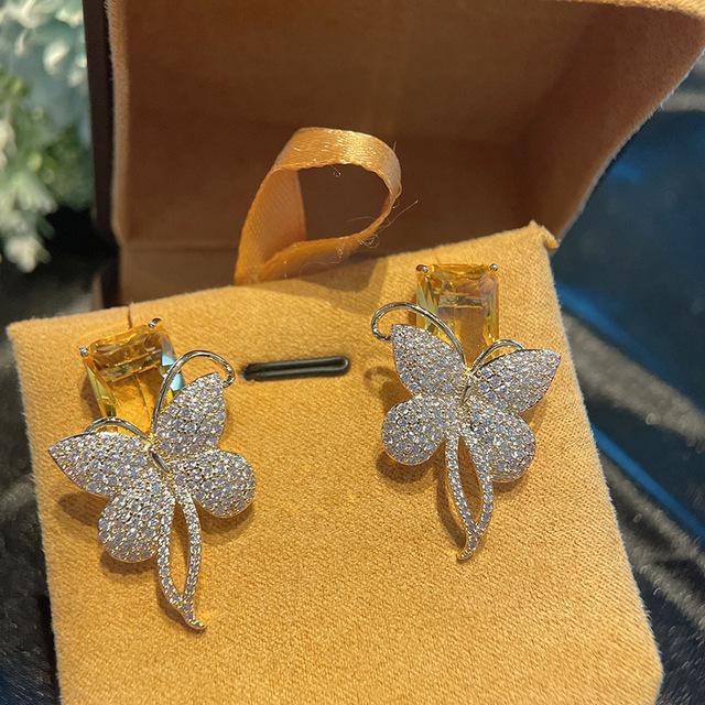 

Модные брендовые ювелирные изделия, креативные квадратные серьги с цирконием и бабочкой, висячие серьги S925, серебряная булавка, роскошные украшения жёлтый