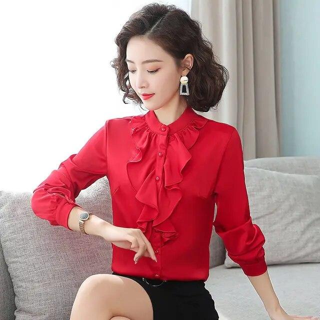 Chiffon Blouse Women's Spring Autumn New Standing Collar Long Sleeved Professional Shirt Solid Color Ruffle Bottoming Top
