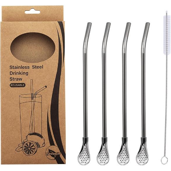 Stainless Steel Spoon Straws, 4-Piece Set with Filter, Reble Drinking Straws with Cleaning Brush, Silver серебряный