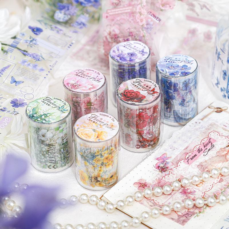 Floral PET Collage Tape: 6 Styles - Flower Text & White Ink for Journals
