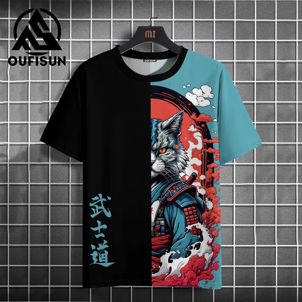 Japanese Anime Samurai Cat T-Shirt For Men 3d Animal Print Short Sleeve Tops Tees Casual T-Shirt Oversized Shirt  Men Kids Clothing