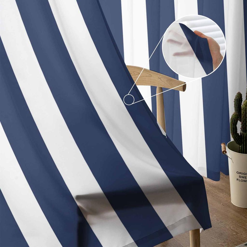 Striped Navy Blue Sheer Curtains for Kids Bedroom Living Room Voile Window Curtains Tulle Drapes