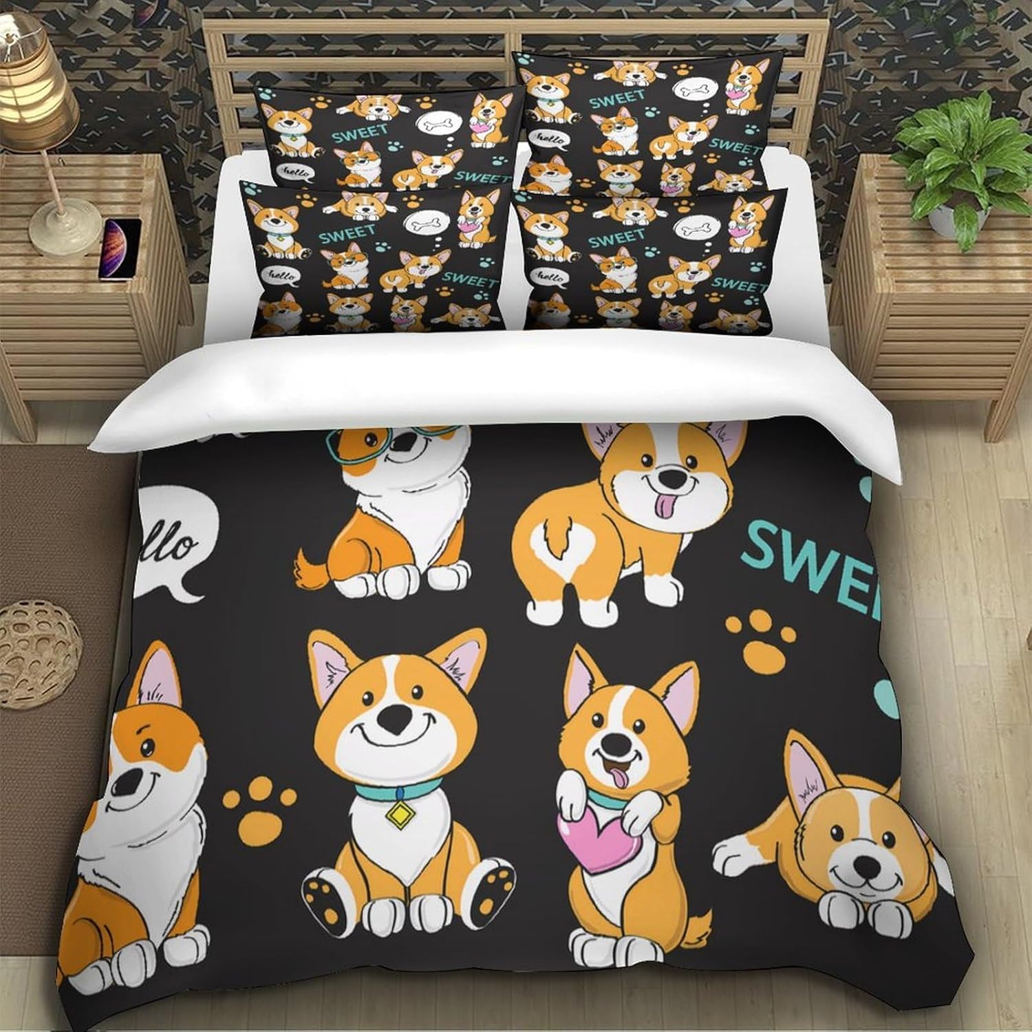 Cartoon Hond Leuke Corgi Hond Print Dekbedovertrek Sets, Polyester 3D Digitale Print Beddengoed Set King Size Print Kindercadeau 90X200cm-2pcs