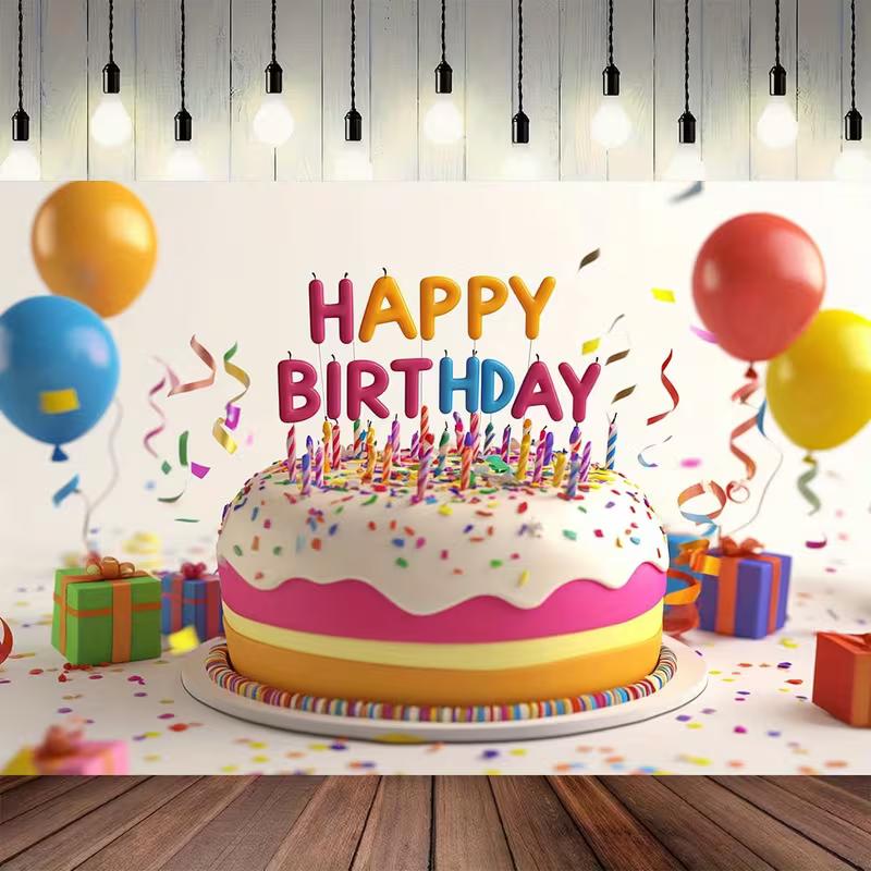 2D Alles Gute zum Geburtstag Kulisse, Kuchen Konfetti & Luftballons Foto Banner