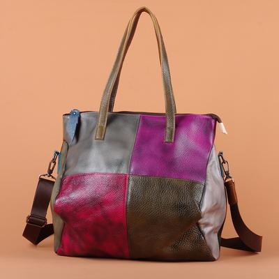 Sac à bandoulière en cuir véritable pour femme, sac fourre-tout vintage en cuir de vachette de couleur contrastée, grande capacité