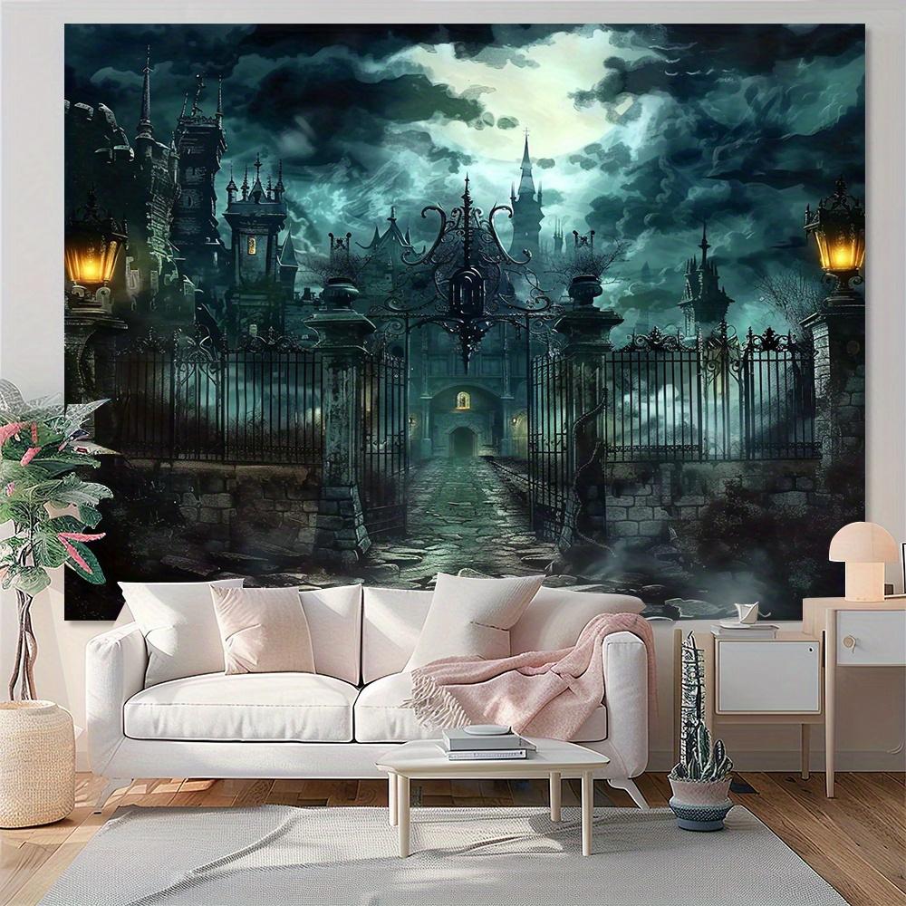 VIKAMA Gloomy Castle Iron Gate Full Moon Night Scene Tapestry Dark Mist Halloween Castle Wall Cloth Party Decoration