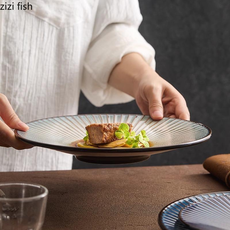 Kiln Changes Striped Ceramic Plate Creative Salad Plate Dessert Plate Italian Noodle Plates Hotel Molecular Cuisine Tableware