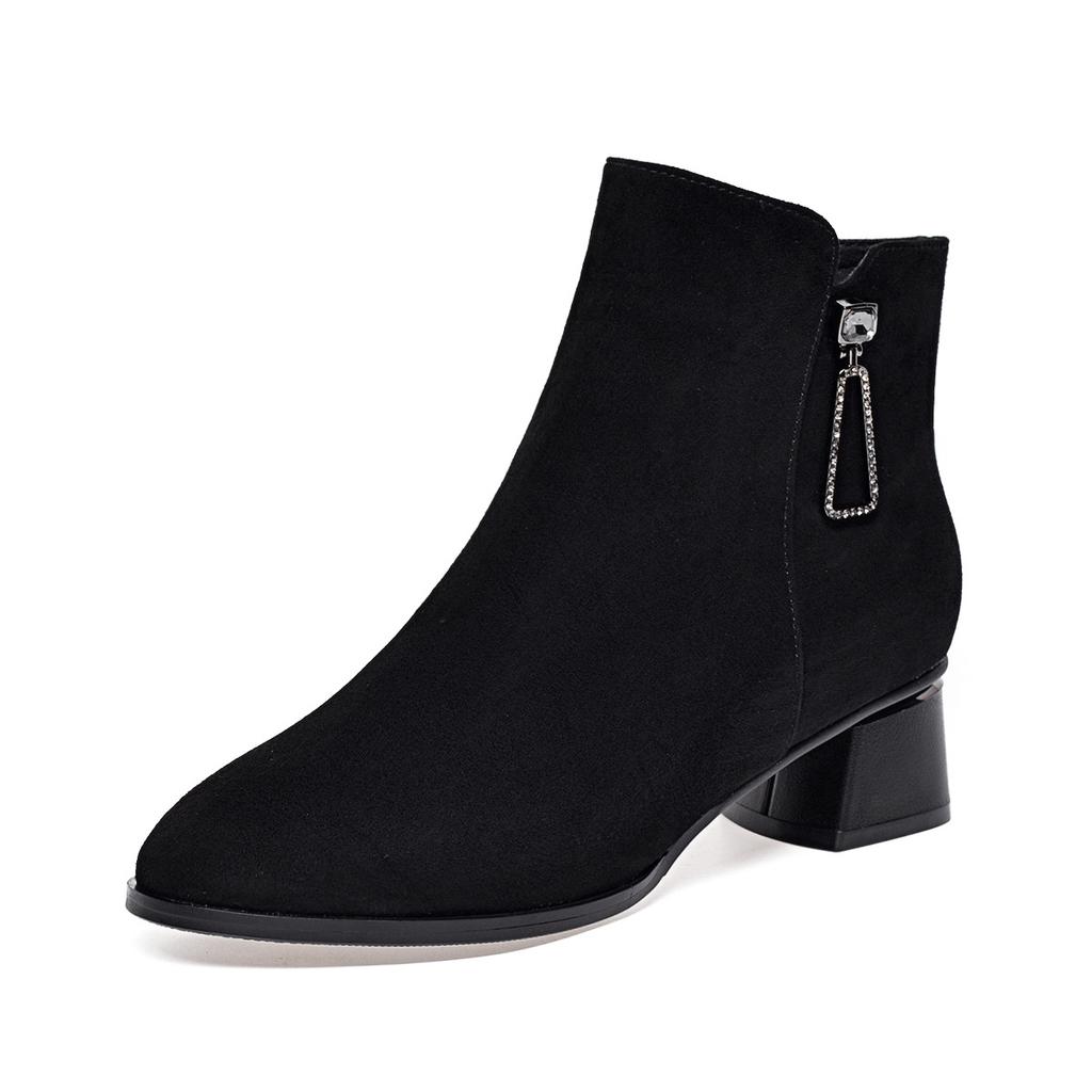 Fashion boots women's 2025 autumn and winter new simple temperament black sheepskin short boots water drop buckle thick heel high heel boots leather