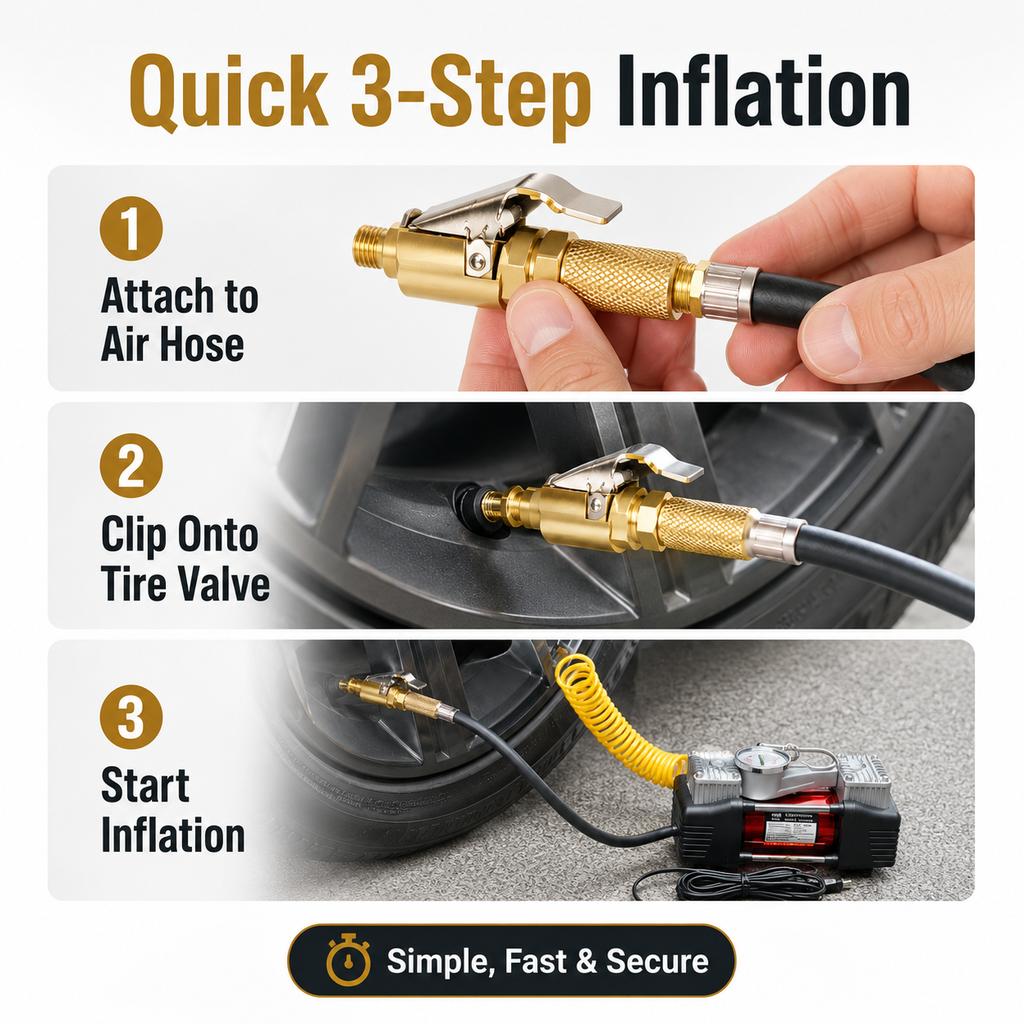 Brass Tire Air Chuck Clip Adapter, Quick Lock-On Inflator Nozzle Connector for Car Motorcycle Bicycle Air Pump