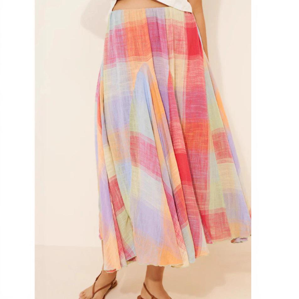 Jupe Midi à Taille Haute A-Line pour Femme, Stretch Moyen, Imprimé Carreaux Colorés, Plissée, Fluide, Décontractée, Été, Maxi