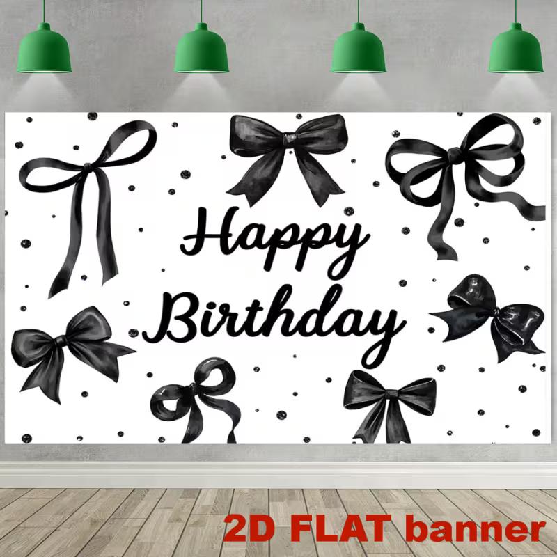2D Minimalist Black Bow Backdrop - Monochrome Ribbon Banner for Modern Birthday Photoshoot