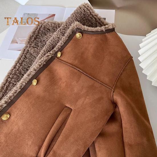 Wintermantel für Damen, dicker Plüsch, kurzer Typ, Rundhalsausschnitt, reine Farbe, einreihig, locker, hält warm, tägliche Schulpendeljacke