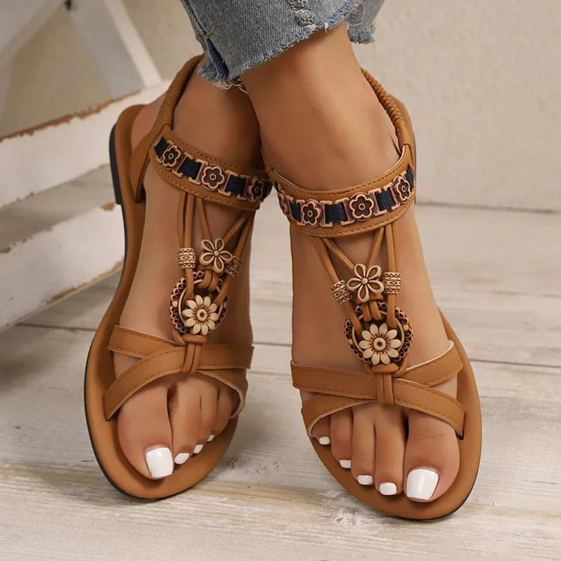 

Fashion Bohemian Style Women s Flat Sandals Summer Comfortable Non Slip Beach Shoes Woman Vintage Beaded Flower Decor Gladiator Sandals 43