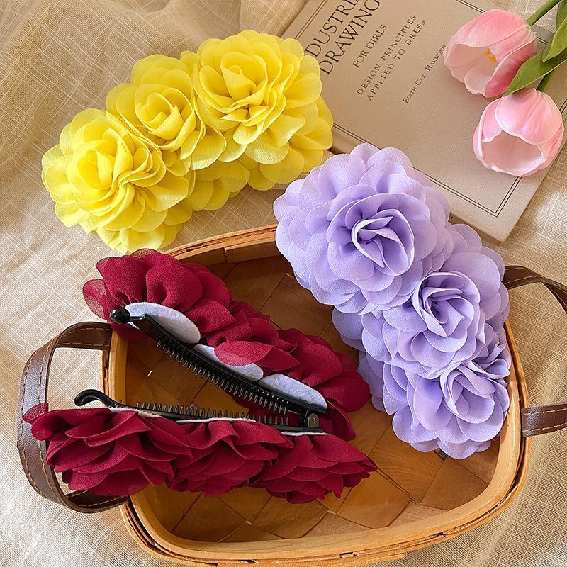 Vintage Large Solid Color Banana Hair Clip Soft Cloth Floral Non-slip Ponytail Holder for Girls Casual Daily Wear