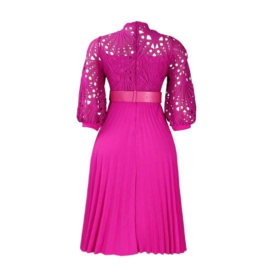 Women's 45720 Sleeve Lace Crochet Midi Dress Hollow Out Eyelet Pleated Swing Dress Fall Casual