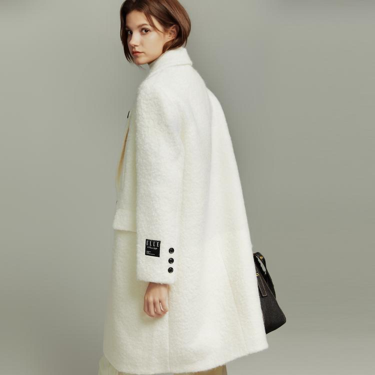 ELLE Solid Color Lazy Mid-Length Double-Sided Wool Double-Breasted Soft Coat Women coats Off-White EX36440