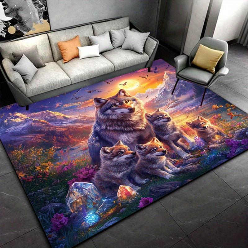 Wolf Pack Sunset Rug for Adventure Lovers - Fantasy Landscape Floor Mat, Wildlife Themed Home Decor Skid resistant carpet
