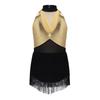 Mädchen Cha-cha Salsa Performance-Leotard: Ärmelloses Neckholder-Kleid mit Pailletten und Fransen, Netz-Taille, Schlüsselloch, Metallic-Rücken für Bühnenkostüm