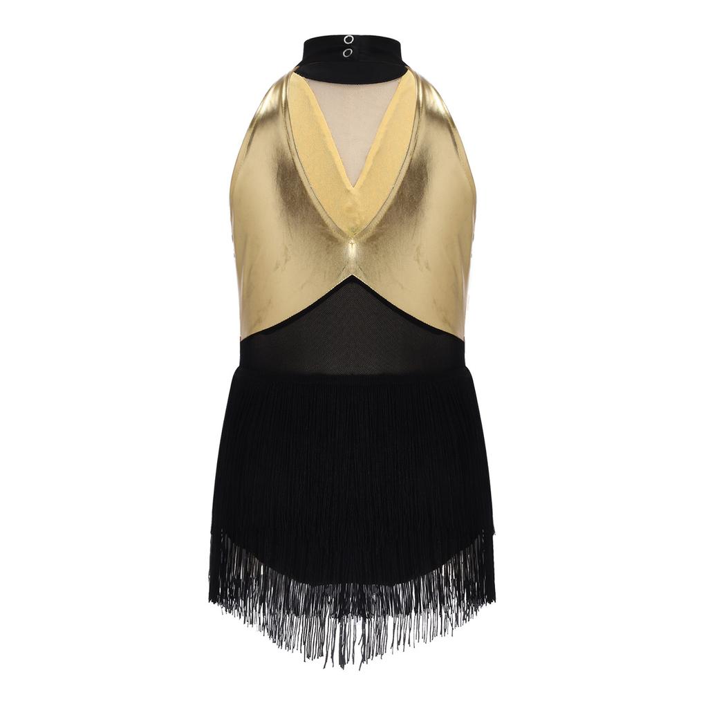 Mädchen Cha-cha Salsa Performance-Leotard: Ärmelloses Neckholder-Kleid mit Pailletten und Fransen, Netz-Taille, Schlüsselloch, Metallic-Rücken für Bühnenkostüm