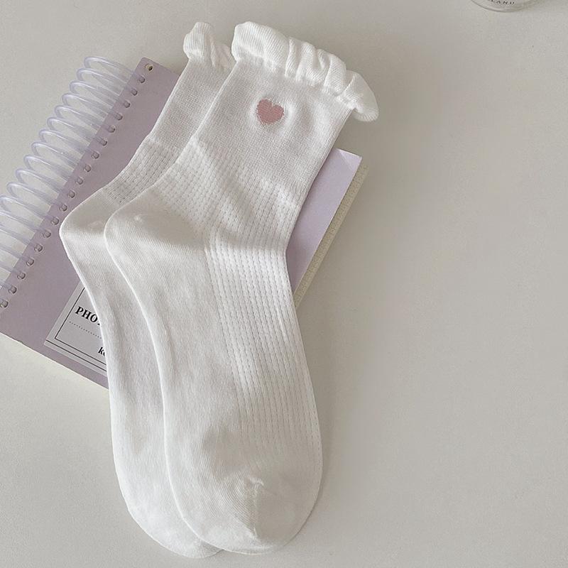 

Japanese Casual Kawaii Socks White Embroidered Heart Mid Calf Socks Lace Ruffle Cuff Breathable Cotton Spring Summer Cute Socks One Size