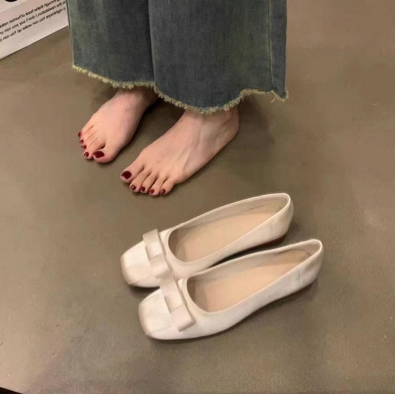 Fashion Flat Shoes for Women Spring  Autumn 2024 New Square Toe Silk Shallow Bow  Scoop Shoes Large Size 42 43 44  Ladies Shoes Women