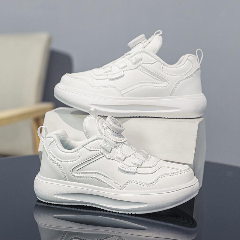 New Boys and Girls Sports Shoes Leather Waterproof Rotating Buckle Children's Sports Shoes Lightweight Versatile Student White Shoes