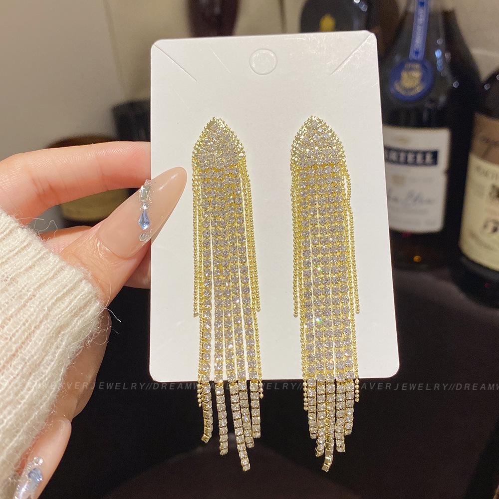 925 Sterling Silver Full Diamond Tassel Earrings – High-End European & American Style, Super Shiny, Luxurious Ear Jewelry for Women.