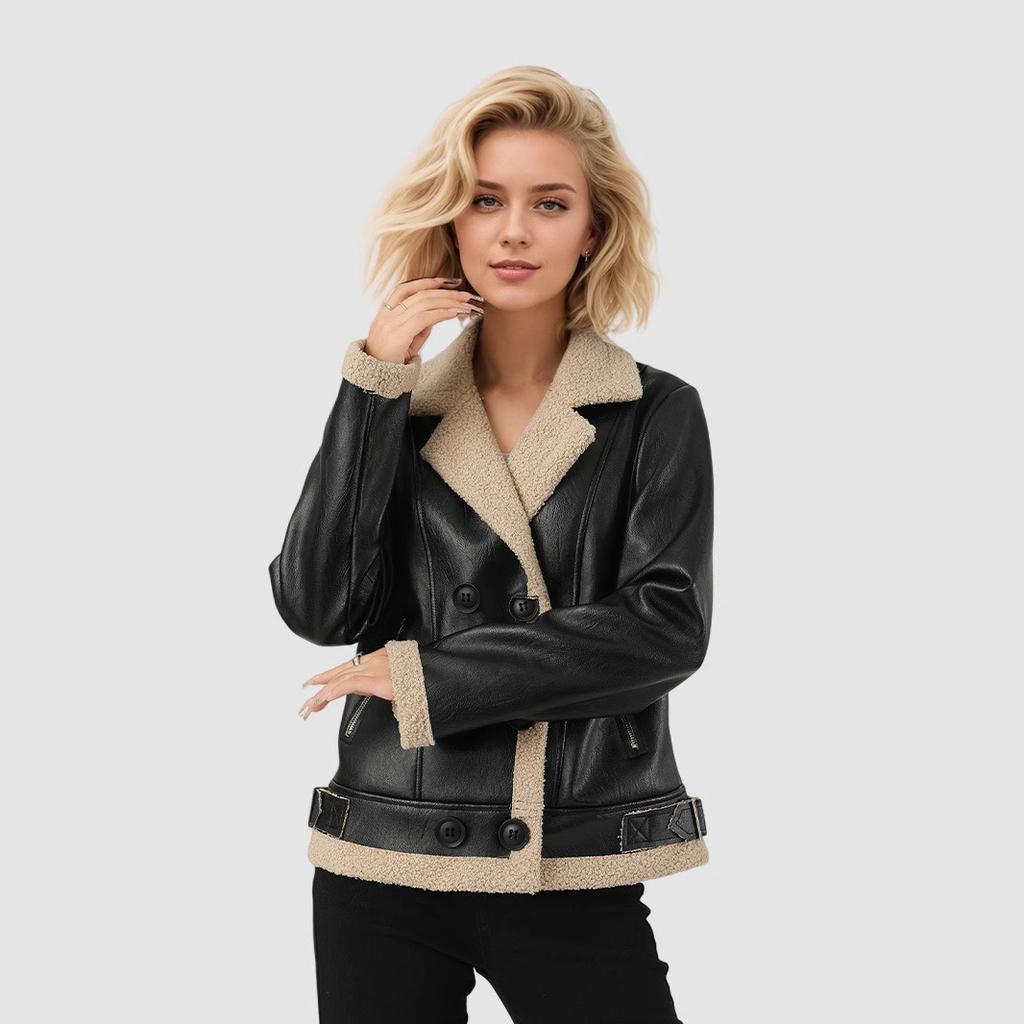 Women's Fleece Leather Jacket Thick Warm Flocked Leather Coat Turn-Down Collar PU Leather Jacket