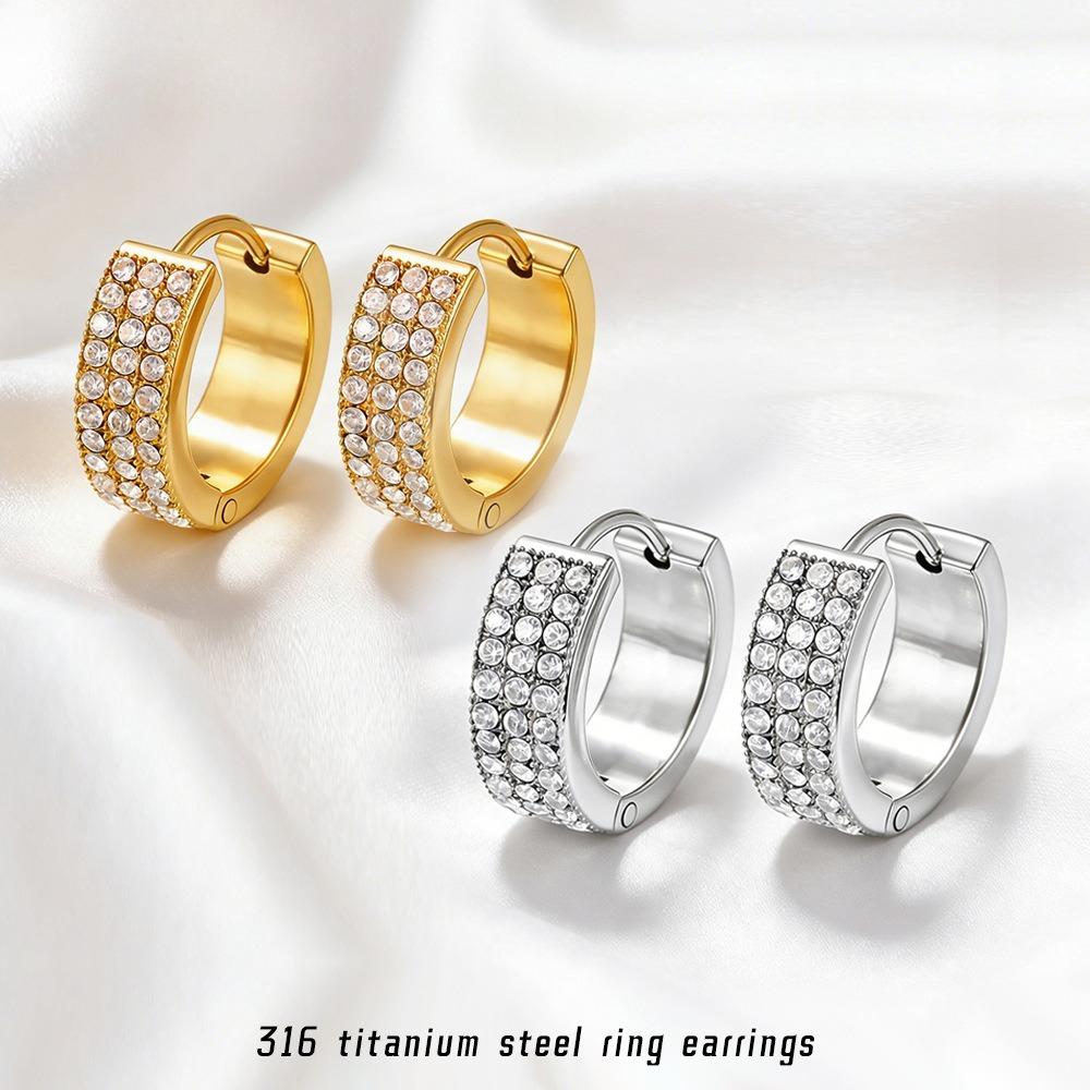 Titanium Steel Gold Double C Full Diamond Zircon Earrings Women's Stainless Steel Earrings Geometric Earrings Light Luxury Premium Earrings