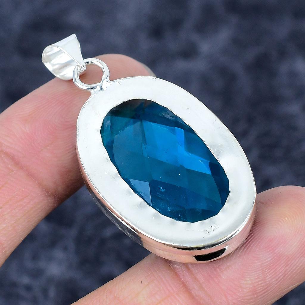 Blue Topaz Gemstone Handmade 925 Sterling Silver Jewelry Pendant 1.97" M-3247