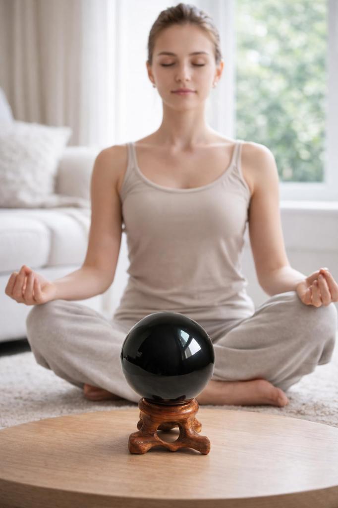 Natural Obsidian Sphere Crystal Ball Ornament - A popular item for warding off evil, bringing good fortune, and purification. A natural stone power st