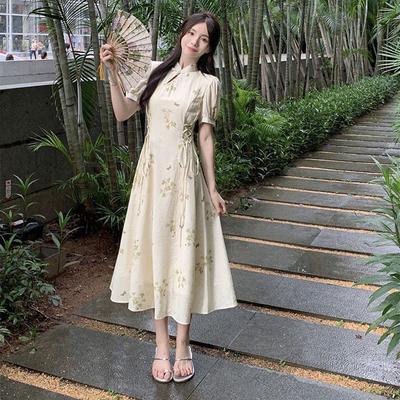 Chinese Gentle Style Retro Sweet Button Up Dress for Women's Summer Oversized Cheongsam with Waistband Tie Up Long Skirt