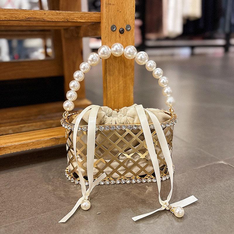 

Fashion Pearl Beaded Handheld Women Handbag Gold Metal Cage Glitter Diamond Evening Bag Wedding Party Clutch Purse Crossbody Bag