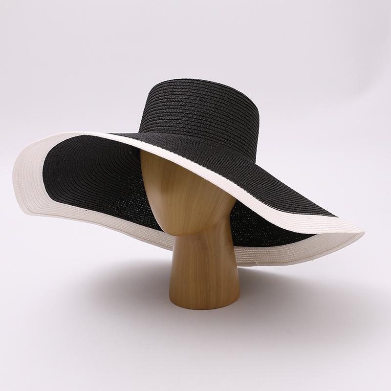 

100%Natural Wheat Straw Wide Brim Sun Hat Women Fashion Stripe Stitching Straw Hat Seaside Vacation Beach Hat French Retro Style 56-58CM
