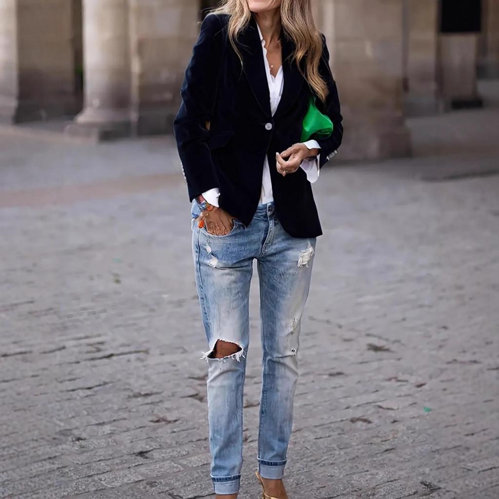 Women's Solid Color Velvet Notched Lapel Single‑Button Long Sleeve Slim Fit Blazer Jacket